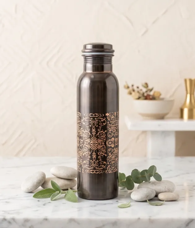 Floral Engraved Black Copper Bottle