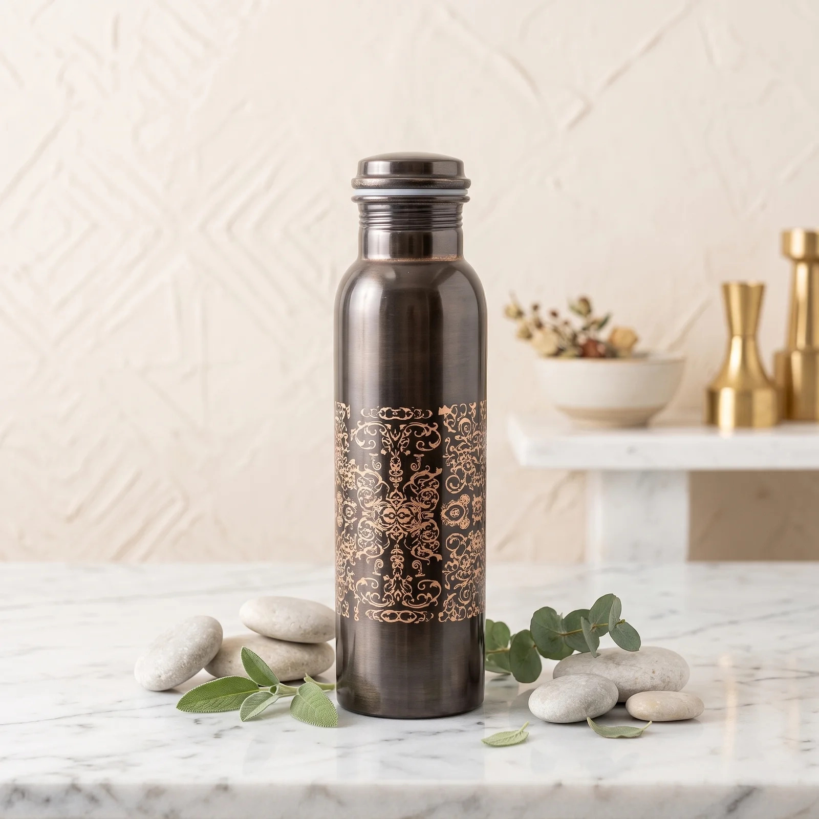 Floral Engraved Black Copper Bottle