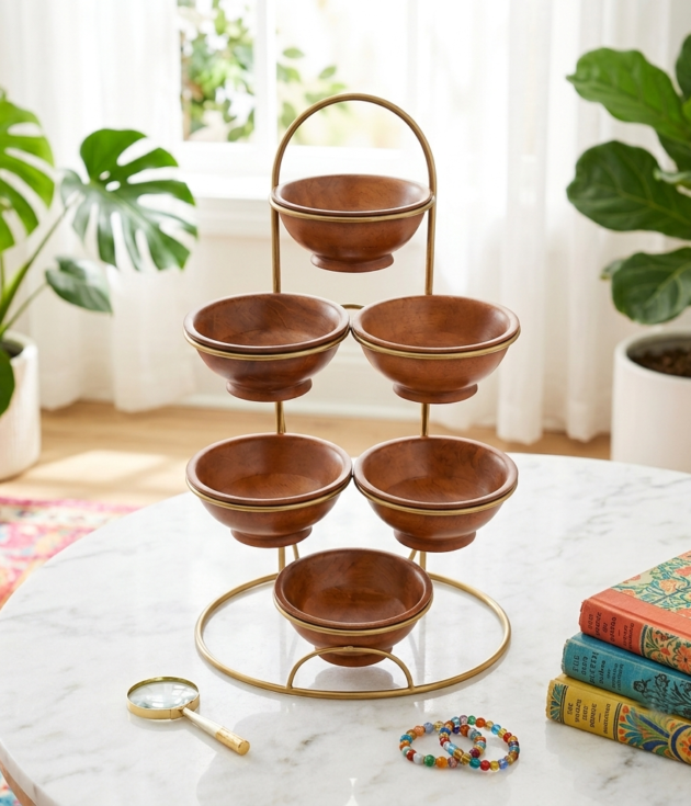 Wooden Bowl 6 Set with Stand