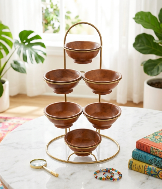 Wooden Bowl 6 Set with Stand