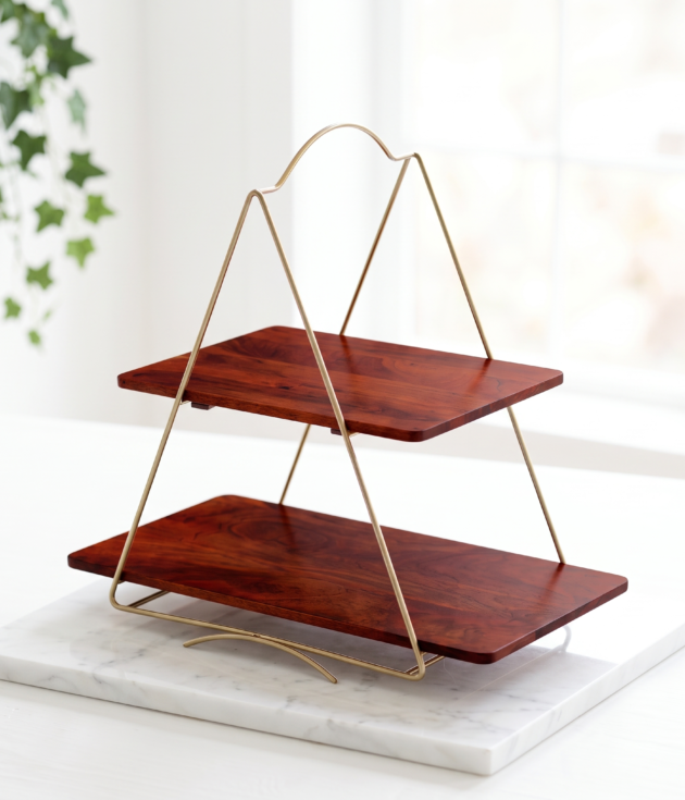 2-Tier Wooden Display Stand with Gold Metal Frame