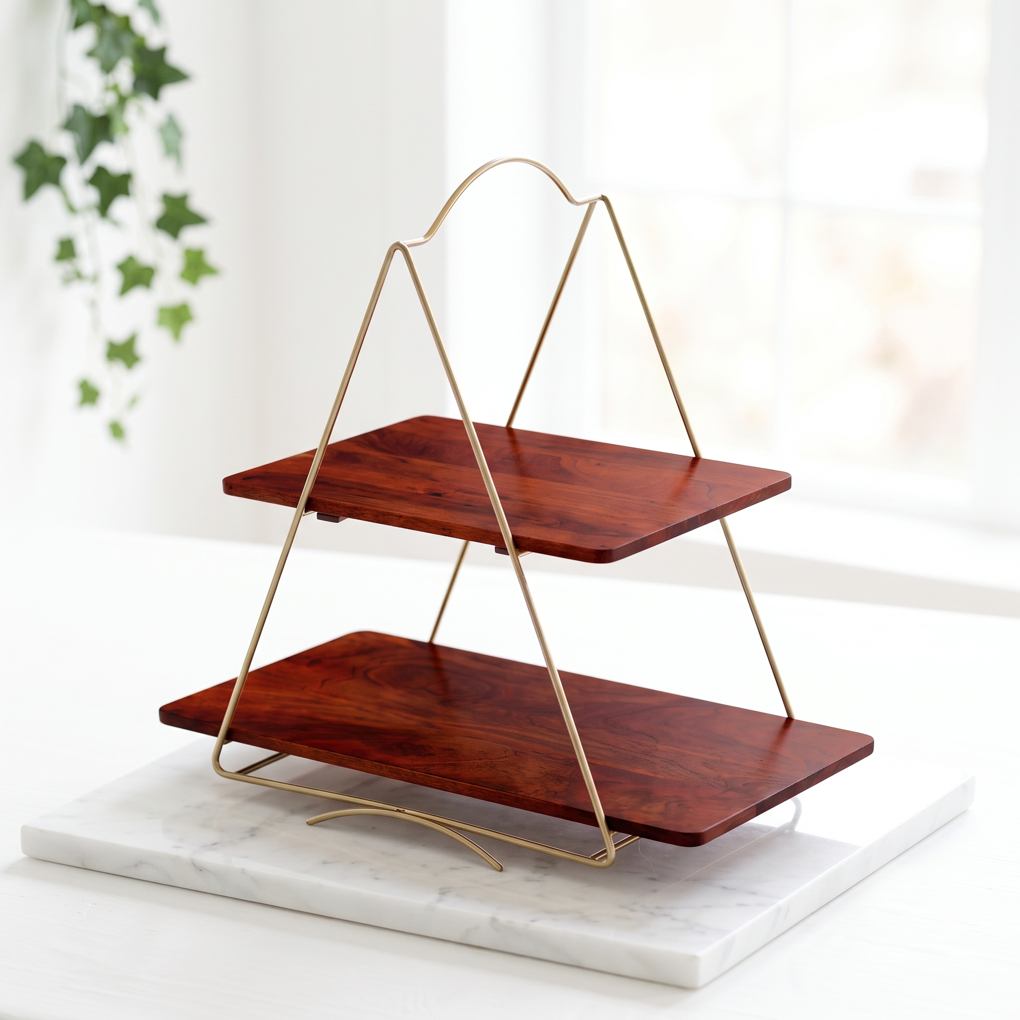2-Tier Wooden Display Stand with Gold Metal Frame