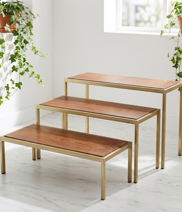 3-Tier Wooden Display Riser Stand Set with Gold Metal Frame