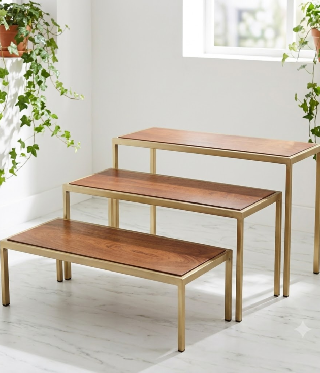 3-Tier Wooden Display Riser Stand Set with Gold Metal Frame