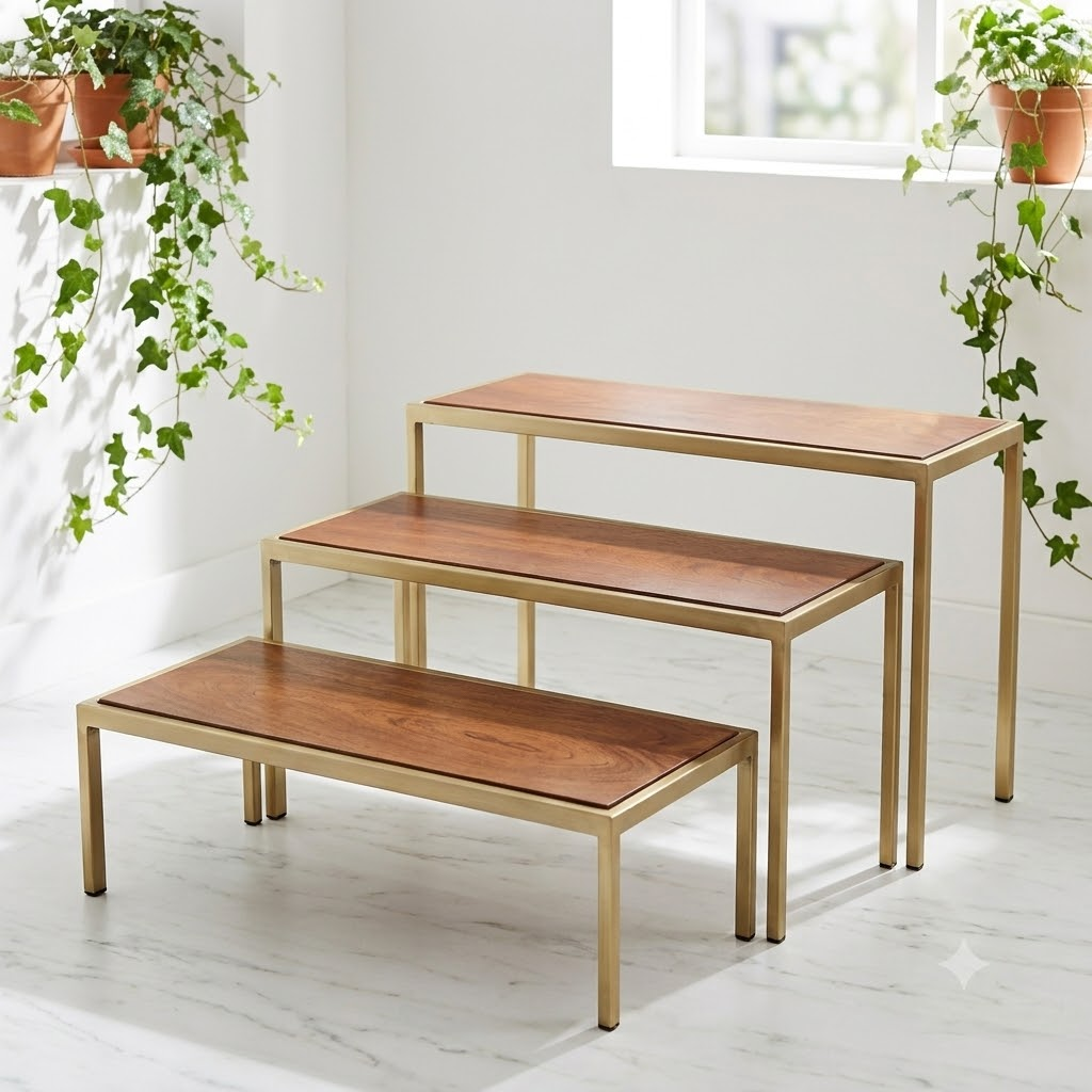 3-Tier Wooden Display Riser Stand Set with Gold Metal Frame