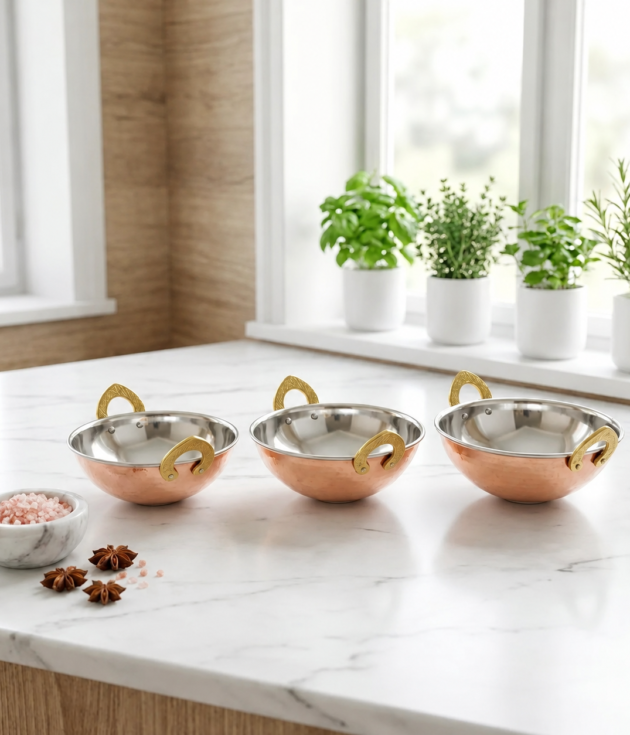 Copper & Stainless Steel Kadai Serving Bowl Set (Set of 3)