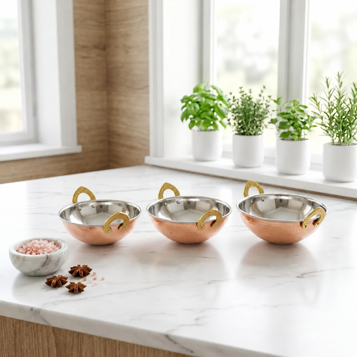 Copper & Stainless Steel Kadai Serving Bowl Set (Set of 3)