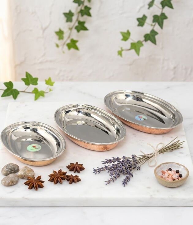 Copper & Stainless Steel Oval Serving Dish Set (Set of 3)