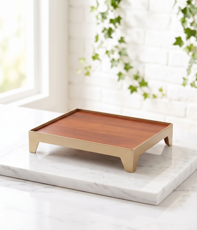 Wooden Display Riser Stand with Gold Metal Frame